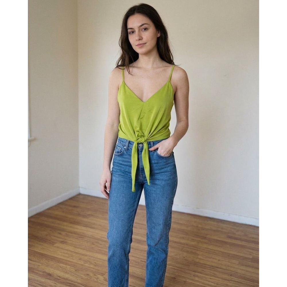Zara Womens Neon Lime Green Front Tie Knot V-Neck Cami Crop Top Small